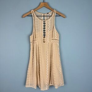 Free‎ People Wherever You Go Mini Dress Women's Size 4 Crochet Lace Cutout Beige